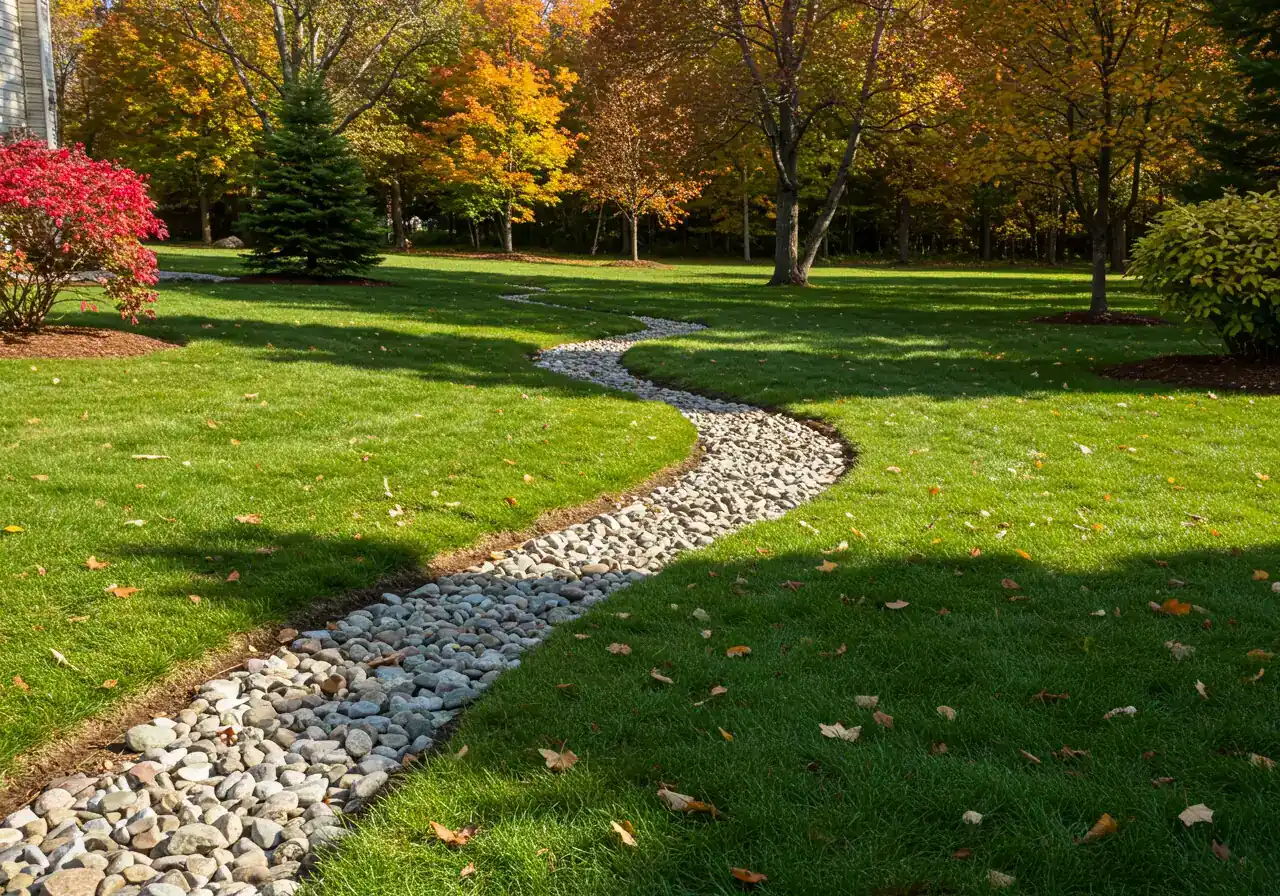A photograph depicting a well-integrated, shallow grassy swale designed for drainage. The swale should curve gently across a lawn area, appearing as a subtle landscape feature rather than a harsh ditch. It could be lined with smooth river stones at the very bottom. Background shows typical suburban yard elements with autumn foliage on trees.