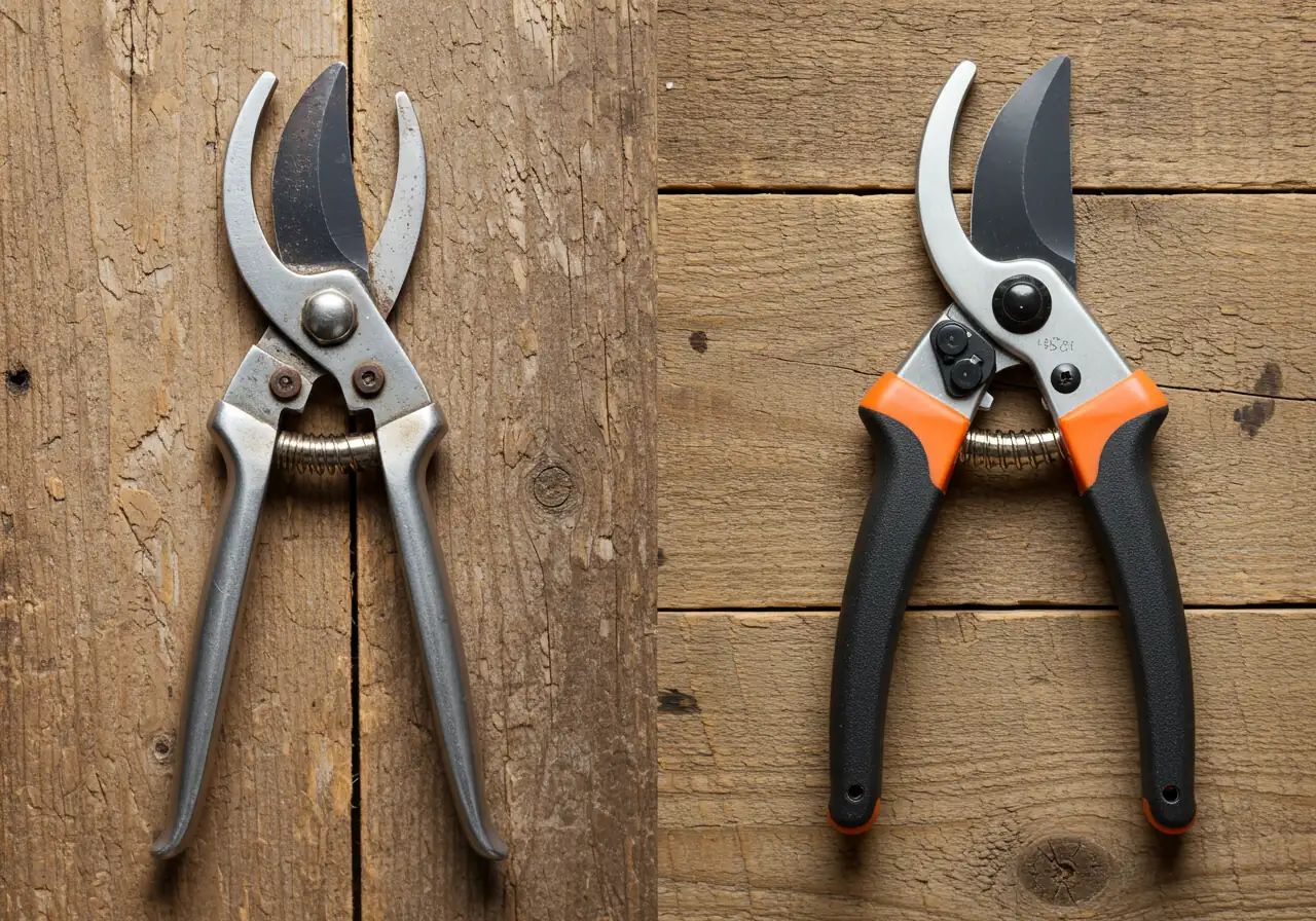 A visual comparison highlighting the design differences between standard and ergonomic pruners. Show a traditional, straight-handled metal hand pruner placed next to a modern ergonomic hand pruner featuring curved, comfort-grip handles. Both tools should be clean and displayed clearly on a neutral background like weathered wood.