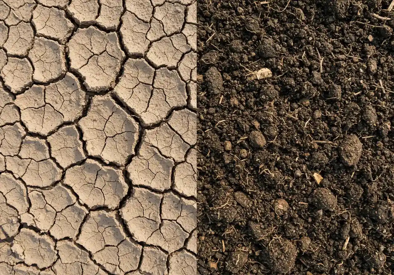 A split image. The left side shows a close-up of cracked, dry clay soil, with visible fissures and a reddish-brown color. The right side shows the same type of soil, but amended with dark, rich compost and organic matter. The amended soil should appear looser, darker, and more textured. The image should clearly illustrate the difference between unimproved and improved clay soil.