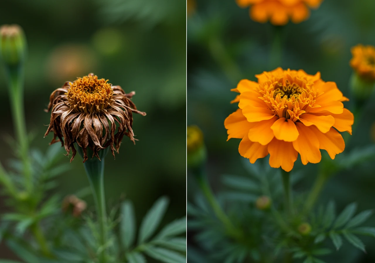 A close-up, split-view image. The left side shows a wilted, browning marigold flower head with developing seed pod. The right side shows a vibrant, healthy marigold bloom on the same stem, representing the potential for new growth after deadheading. Soft, natural lighting, shallow depth of field focusing on the flower heads.