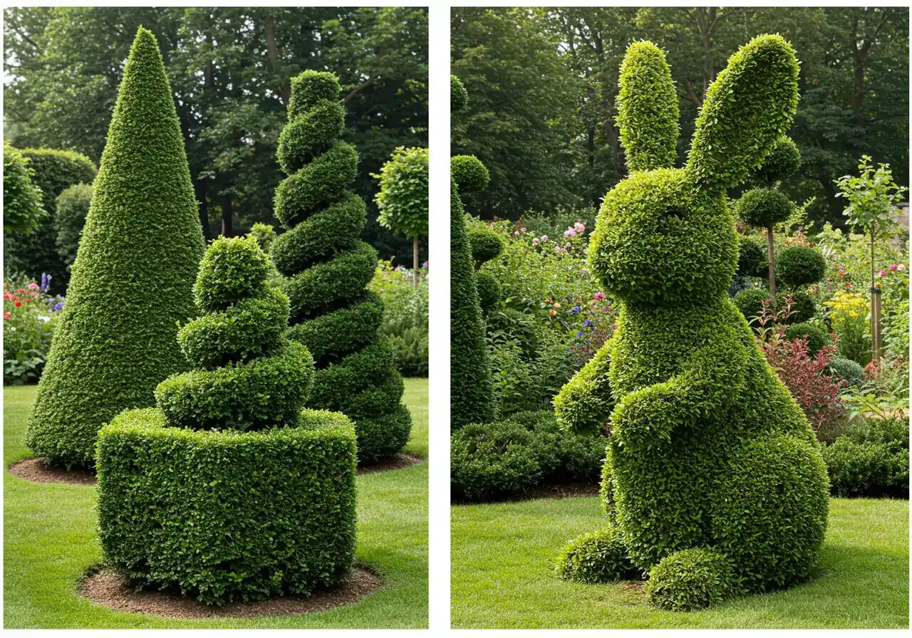 A split image or collage showcasing the diversity of topiary forms. One side features classic geometric shapes like a perfect cone, a sharp cube, and an elegant spiral, meticulously trimmed. The other side displays a whimsical representational shape, such as a small, stylized animal (e.g., a rabbit or bird) sculpted from dense evergreen foliage. The contrast highlights the artistic range of topiary.