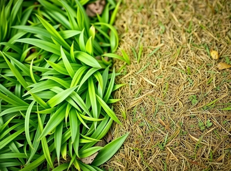 A split image showing the difference between a healthy and unhealthy lawn section. One side should feature lush, green, dense grass, free of weeds. The other side should show thin, patchy grass with visible weeds and brown spots. The image should be taken from a medium distance, showing a clear dividing line between the two sections.