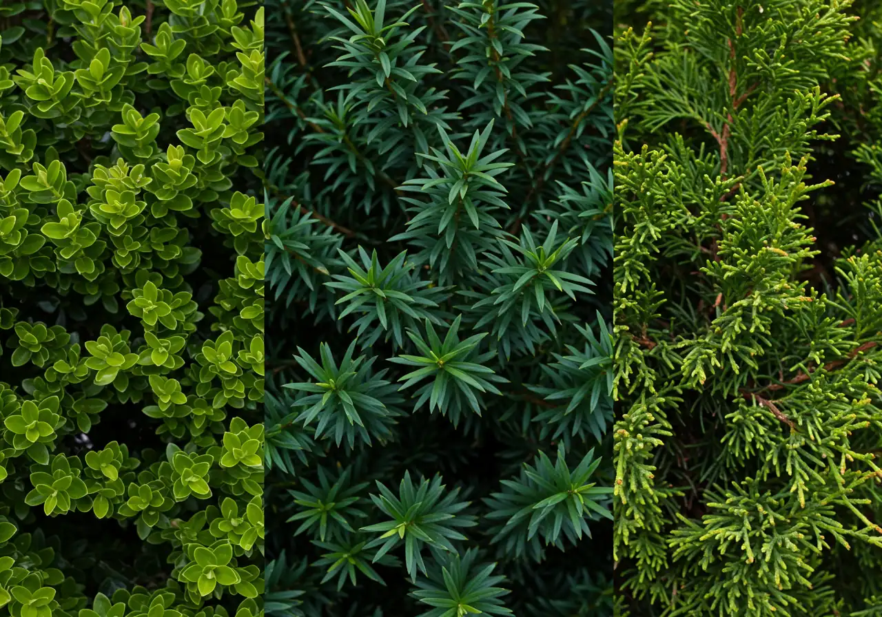 A comparison image showing close-ups of the distinct foliage textures of three Ottawa-hardy topiary candidate shrubs: Boxwood (small, dense leaves), Yew (dark green needles), and Cedar/Arborvitae (scale-like foliage). The plants should look healthy and vibrant.
