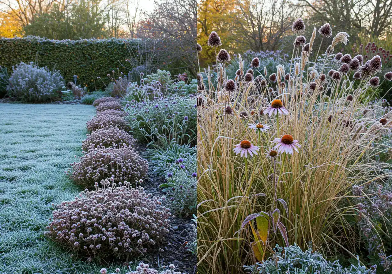 An illustrative image showing the contrast between cut-back perennials and those left for winter interest. One side features neatly trimmed perennial stems (like hostas or daylilies) cut a few inches above the ground, while the other side shows ornamental grass plumes and coneflower seed heads covered lightly in frost, standing tall against a muted fall background.