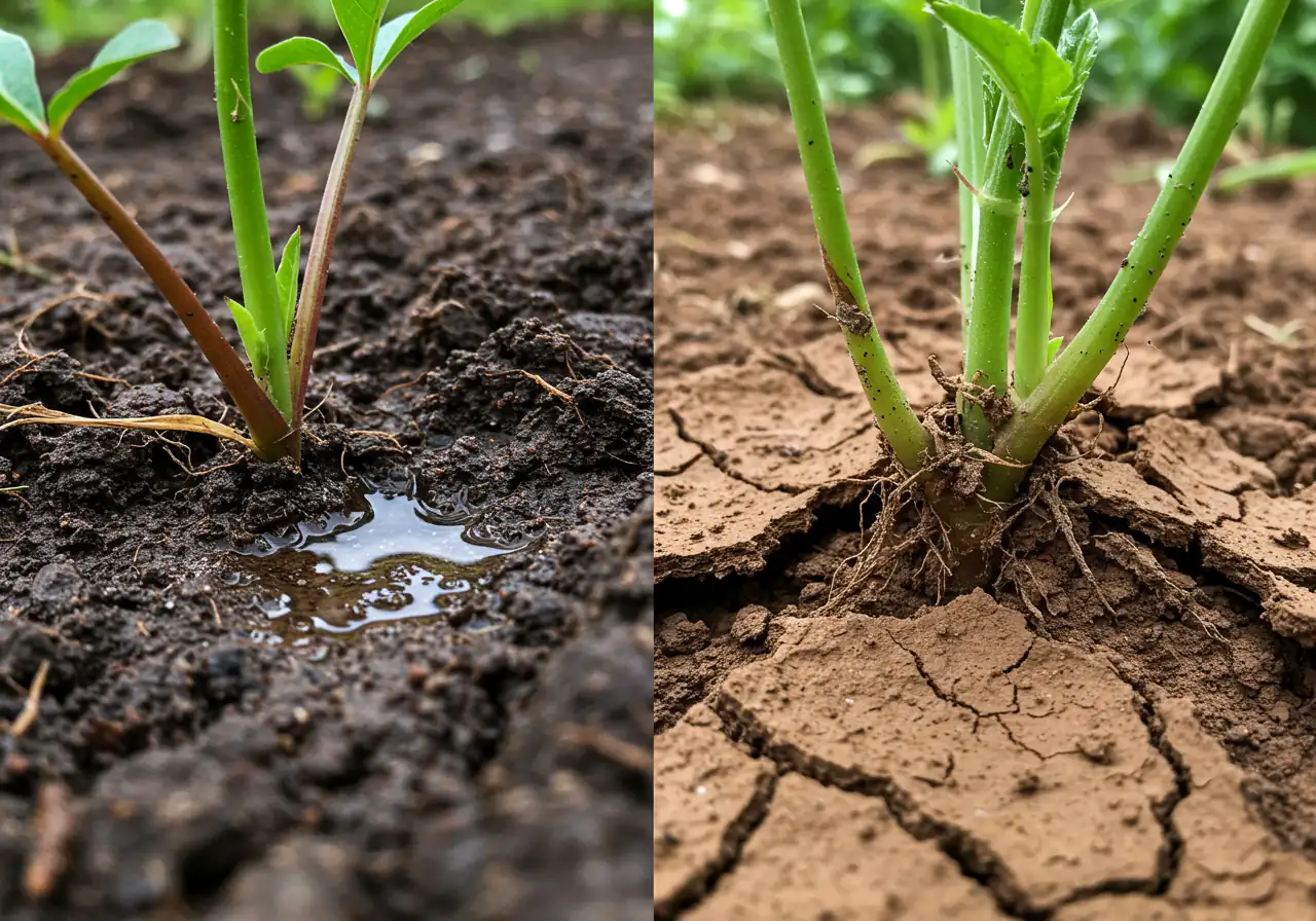 A split image or comparison showing the two extremes of poorly watered clay soil. On one side, surface water pooling and running off dense, dark clay soil around plant bases. On the other side, the same type of clay soil appearing dry, cracked, and pulling away from plant stems, resembling pottery shards.