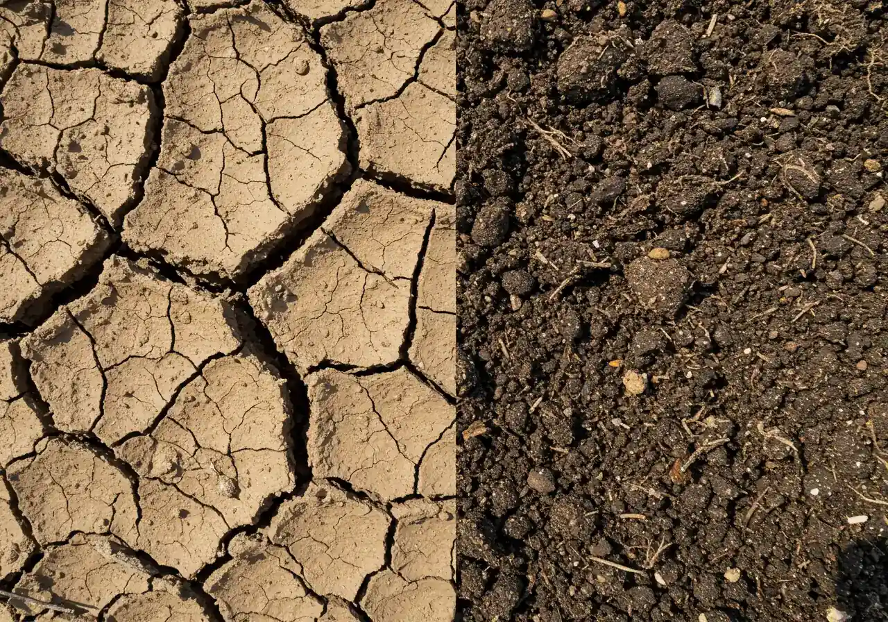 A split visual comparison. The left side shows heavy, compacted, cracked clay soil typical of the Ottawa region. The right side shows the same type of soil improved with dark, rich compost mixed in, appearing looser and healthier for planting. Focus on the texture difference.
