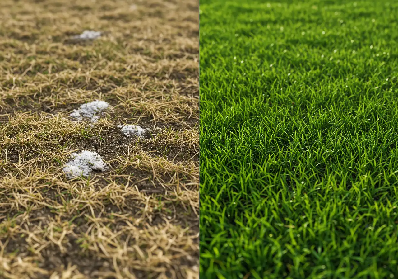 A split image. Left side: A close-up of a patch of brown, dry, and patchy grass with visible signs of winter damage, such as dead blades and some snow mold residue. The soil should appear dry and cracked. Right side: A close-up of vibrant, lush, green grass, densely packed, with healthy, even blades. The soil should appear moist and dark.