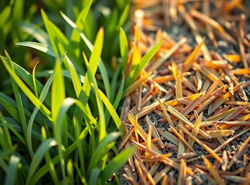 A close-up, split-screen comparison. One side shows a patch of vibrant, healthy green grass. The other side shows a patch of brown, patchy, unhealthy grass with visible signs of fungal disease (perhaps some white or brown mold). The contrast should be stark, highlighting the difference between a well-maintained lawn and a neglected one.