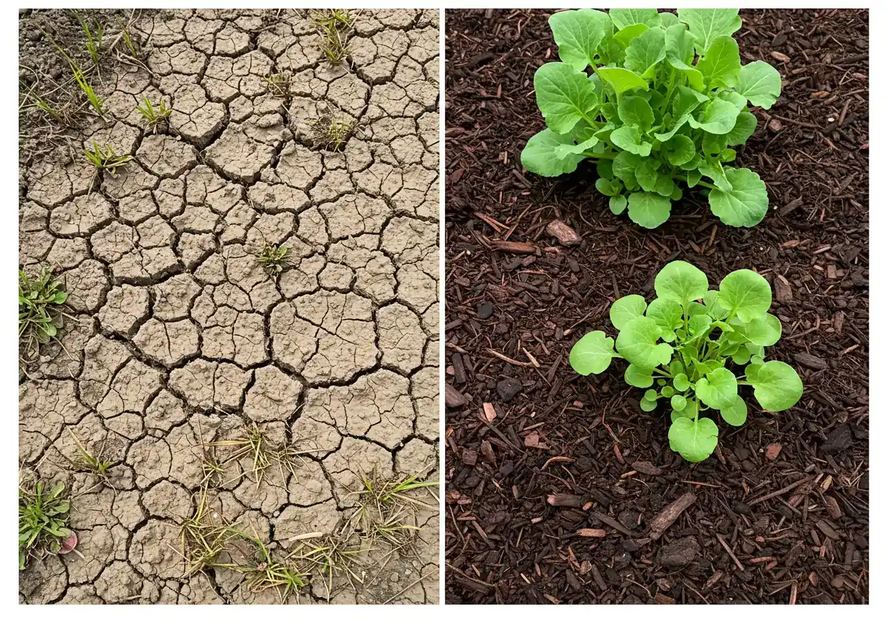 A split image. One side shows a garden bed without mulch, with dry, cracked soil and visible weeds. The other side shows the same garden bed, but with a thick layer of dark brown, shredded bark mulch, neatly applied, with no weeds and healthy-looking, vibrant green plants. The contrast should be stark, clearly illustrating the benefits of mulch.