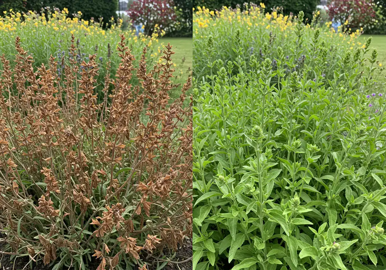 A side-by-side visual comparison within a single garden scene. One half shows flowering perennials (like Salvia or Coreopsis) looking untidy with numerous brown, spent flower stalks. The other half shows the same type of plants meticulously deadheaded, appearing much neater, greener, and potentially showing new buds or fresh blooms, illustrating the tidiness and rejuvenation benefit.