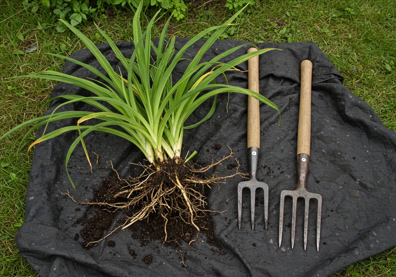 An image displaying the essential tools for division resting beside a freshly lifted perennial clump on a tarp. Show a sturdy garden fork with soil clinging to the tines, a clean, sharp border spade, and the large root ball of a hosta or daylily with excess soil shaken off, ready to be divided. No hands or people visible.