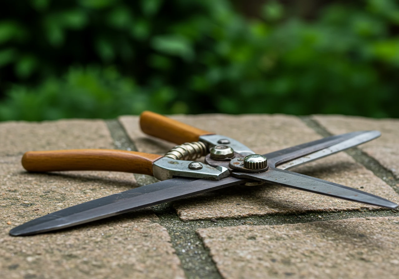 A clean, professional-looking still life arrangement of essential topiary tools: high-quality bypass pruners and long-bladed hedge shears resting side-by-side on a weathered natural stone surface or rustic wooden garden table. Focus on the sharpness and cleanliness of the tools.