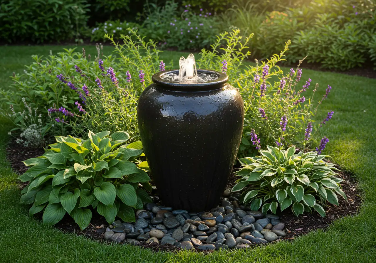 A well-composed shot of a stylish, medium-sized bubbling urn water feature nestled within a garden bed. The urn could be a weathered terracotta or dark ceramic style. Water gently bubbles from the top and flows down the sides, disappearing into dark river pebbles at the base. It's surrounded by vibrant green hostas and colourful perennial flowers like purple salvia, integrating seamlessly into the landscape. Morning sunlight highlights the water.