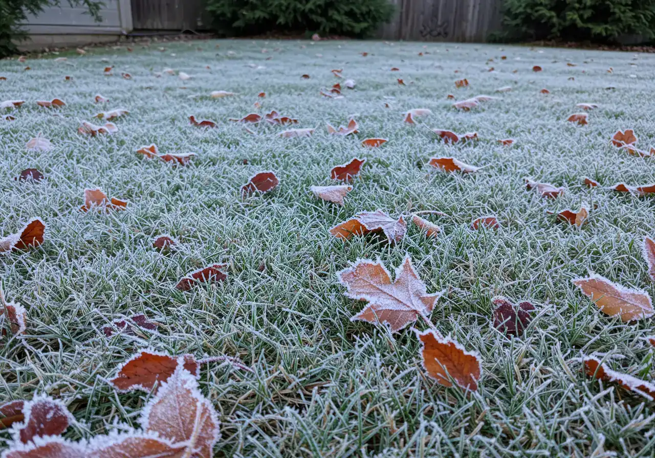 An atmospheric shot of a residential lawn lightly covered in early morning frost during late autumn. Some dormant brown grass mixed with lingering green patches, perhaps with a few colourful fall leaves scattered. Evokes the feeling of impending winter.