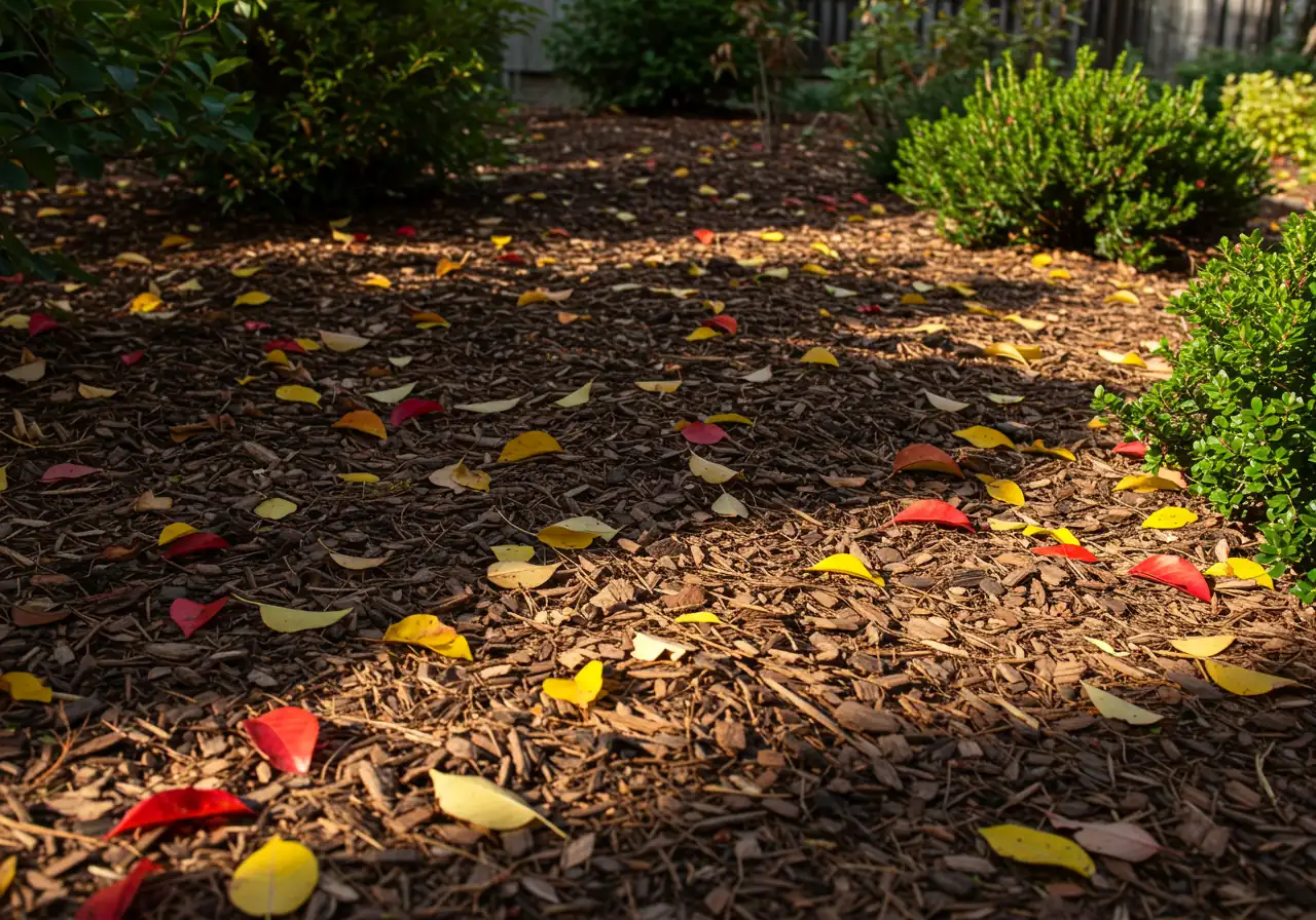 A visually appealing image showcasing effective mulching in a garden bed. It should show a thick (3-4 inches) layer of dark brown wood chip mulch spread evenly around the base of shrubs or perennial plants. A few colourful fallen autumn leaves (red, yellow) are scattered naturally on top of the mulch, indicating the season. The soil beneath the mulch should not be visible.