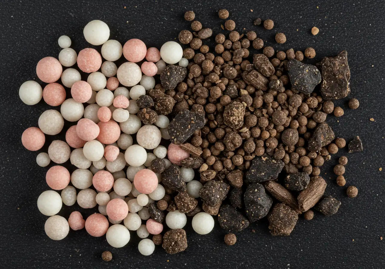 A close-up, top-down view of several different types of fertilizer granules spread out on a dark surface. Show distinct variations: some larger, coated granules (representing slow-release), some smaller, uniform granules (quick-release), and some darker, irregular granules (organic). The granules should be clearly distinguishable, showcasing different textures and colors.