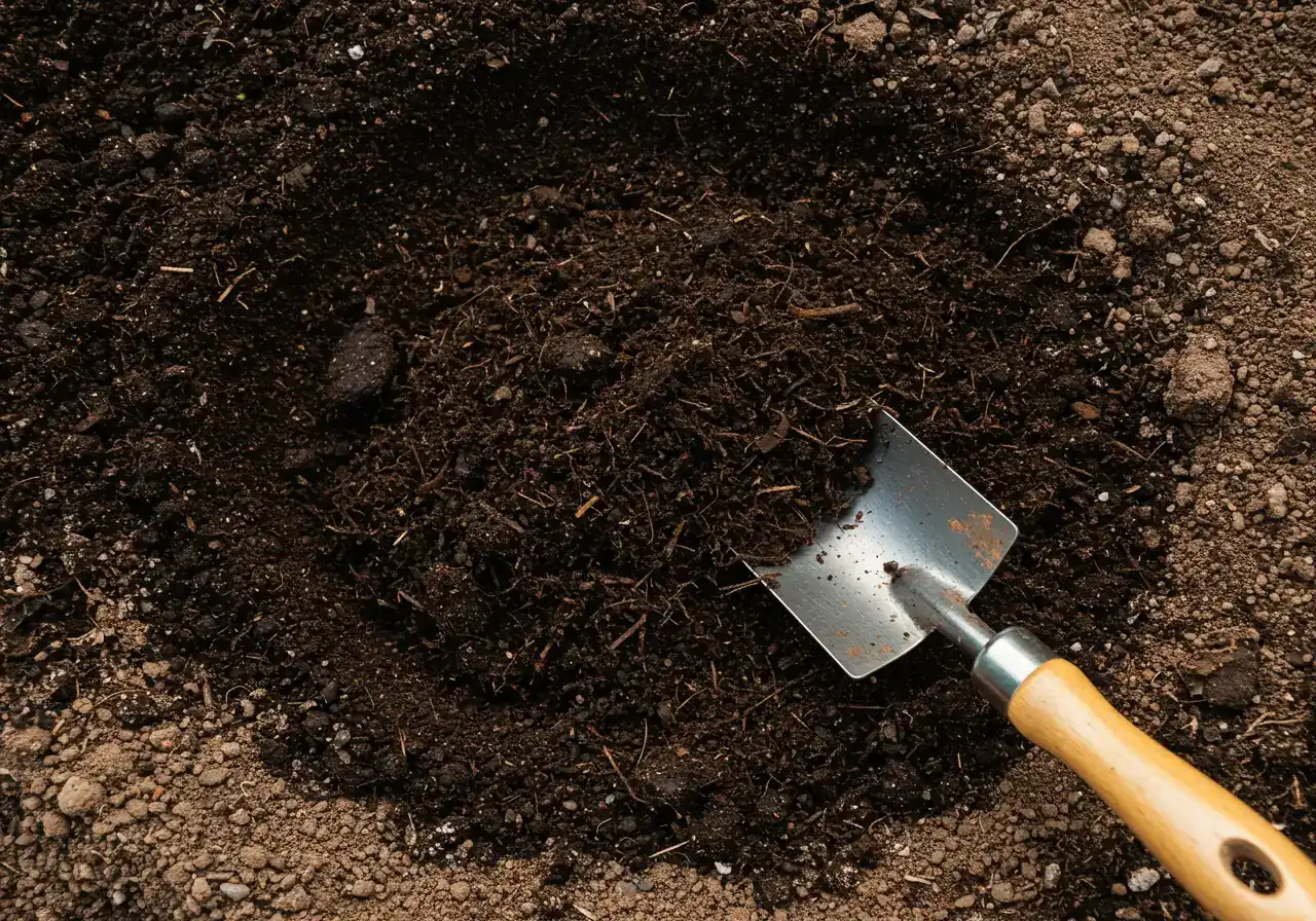 Overhead shot of dark, rich compost being gently mixed into the lighter brown soil of a prepared garden bed in late autumn. A few fallen leaves are visible nearby, suggesting the season. No tools or hands visible.