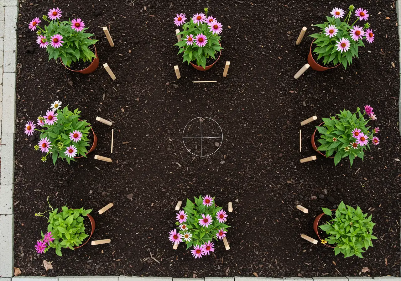 A clear, top-down view of a freshly prepared garden bed demonstrating proper spacing technique before planting. Several potted perennials (e.g., coneflowers, small ornamental grasses) are placed on top of rich, dark mulched soil, positioned at the recommended distances apart using small wooden stakes as markers, illustrating the 'visualize before you dig' concept.