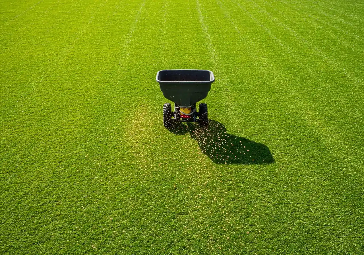 Top-down perspective of a broadcast spreader on a lush green lawn. The spreader is actively distributing fertilizer granules in a wide, even arc. The granules should be visible in the air and on the grass. The lawn is well-maintained and healthy. The lighting is bright and natural, suggesting a clear spring day.