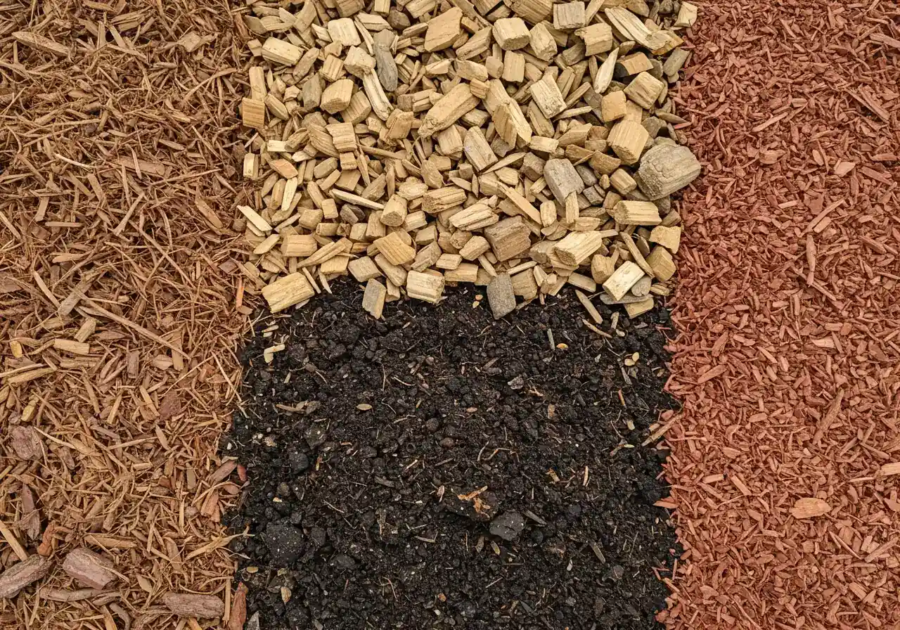 A close-up, top-down view of four distinct sections of different mulch types. One section shows shredded bark mulch, dark brown and textured. Another section shows lighter-colored, larger wood chips. A third section shows dark, rich compost. The final section displays reddish-brown shredded cedar mulch. The sections should be clearly delineated, allowing for easy visual comparison.