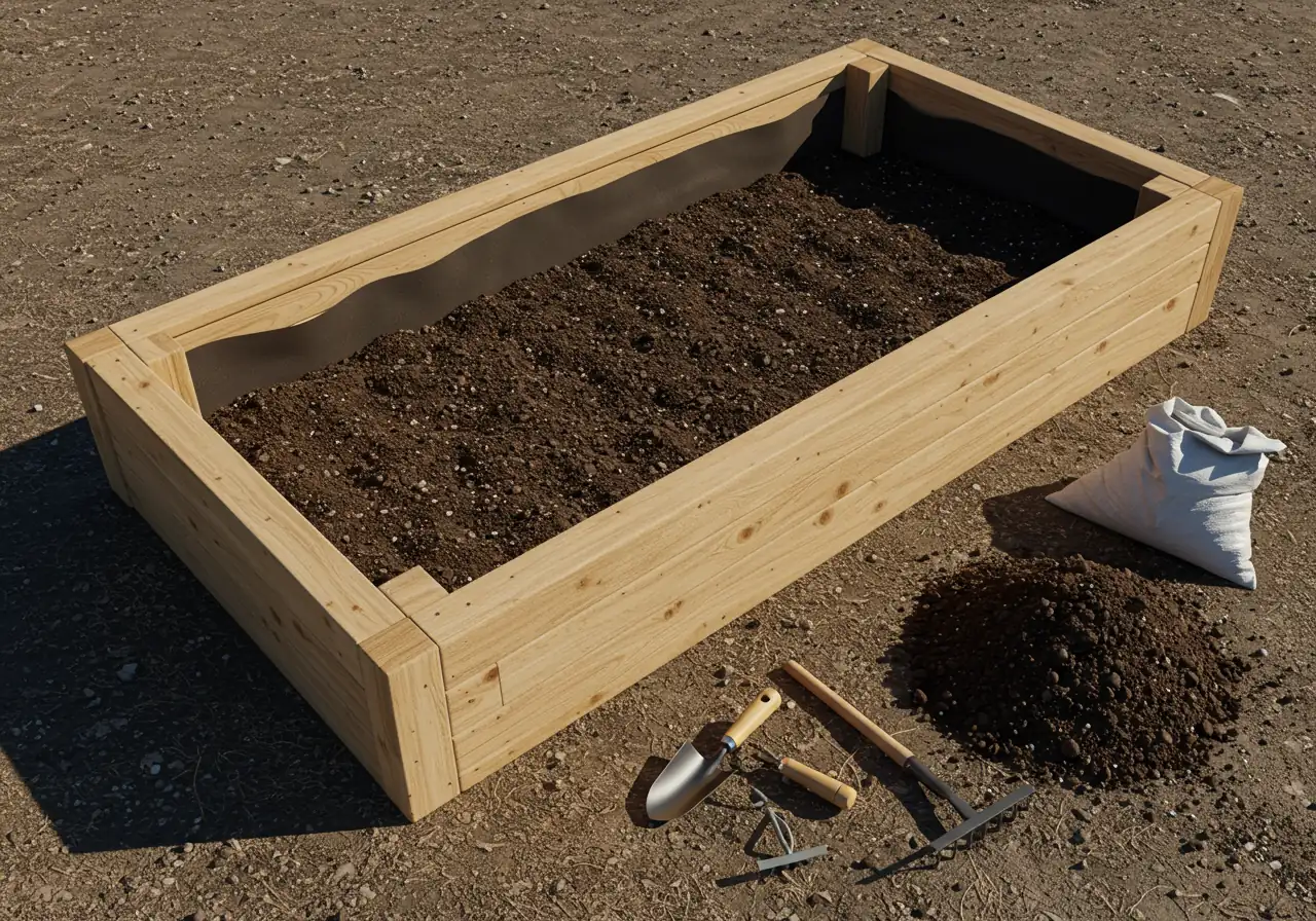 An image looking down on a newly built, empty raised garden bed made of untreated wood. The bed should be rectangular and positioned on a patch of cleared ground where the grass has recently been removed. Landscape fabric should be visible lining the inside of the bed. The surrounding area might show some gardening tools (shovel, gloves, measuring tape) and a pile of garden soil mix nearby, suggesting the next step in the process.