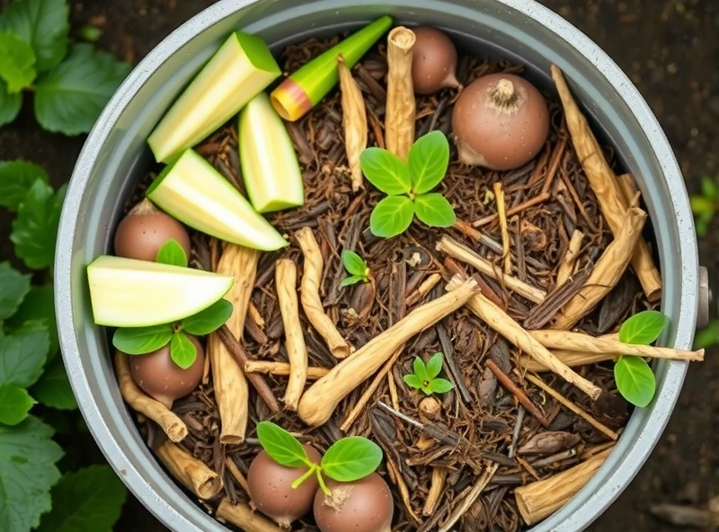 A close up view from above of an open compost bin in a garden setting. The compost bin contains a mixture of 'brown' materials (dried leaves, twigs, shredded paper) and 'green' materials (grass clippings, vegetable scraps). The compost should look partially decomposed, with some recognizable materials and some darker, soil-like material. No visible branding on the bin.