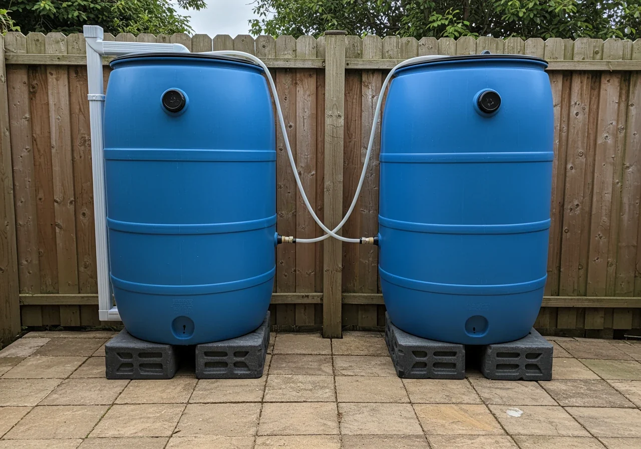 An illustration of a slightly more advanced setup: two identical rain barrels neatly linked together side-by-side. A short connector hose runs from the overflow port of the first barrel to the inlet of the second barrel. They are positioned on a level base against a house wall or fence.