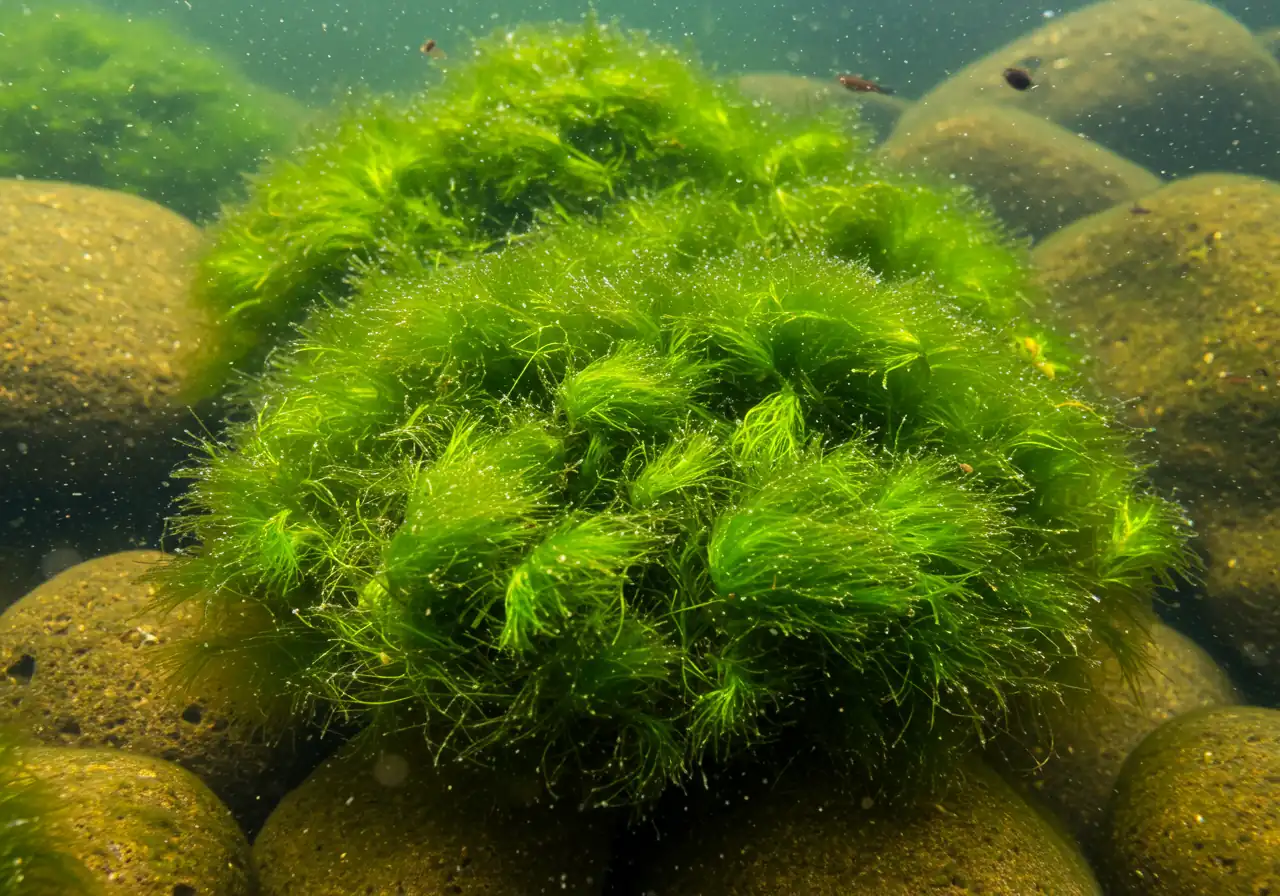 An underwater close-up view showing string algae (filamentous algae) clinging to submerged rocks in a pond. The long, green, slimy threads are clearly visible against the rock surfaces, illustrating this common algae type. The surrounding water is relatively clear, focusing attention on the algae itself.