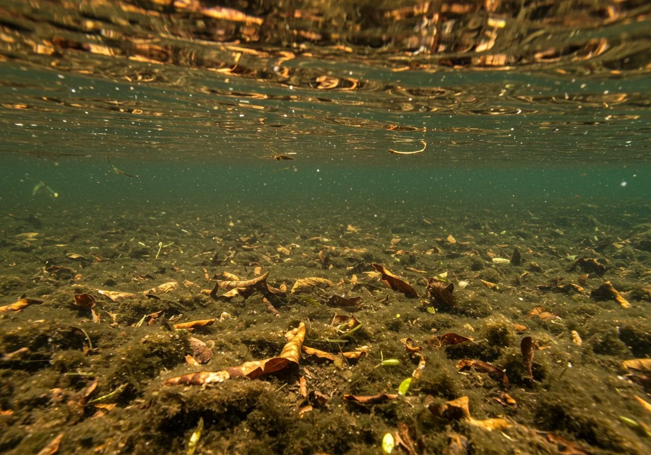A close-up, slightly murky view into a pond where a thick layer of decomposing autumn leaves and organic debris has settled on the bottom. The image should emphasize the 'sludge' or 'muck' forming from leaf overload, contrasting with the clear water ideal.