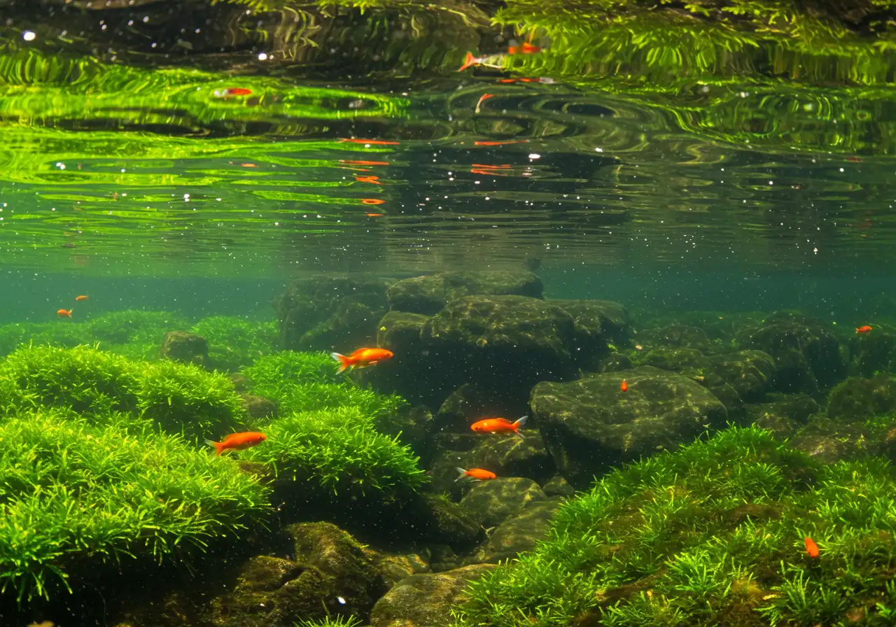 An underwater perspective within a healthy pond. Sunlight filters down through clear water. Several small, colourful goldfish swim peacefully amongst swaying strands of submerged oxygenating plants (like hornwort or anacharis). Small bubbles can be seen rising from the plants, illustrating oxygen production. Part of a natural rock formation is visible on one side.
