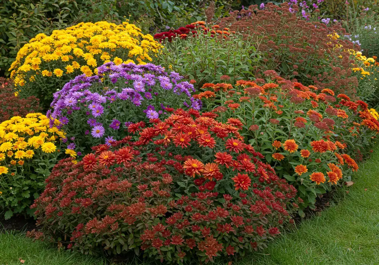A vibrant, eye-level photograph of a mixed garden border in full autumn bloom. Feature a combination of hardy garden mums (yellow and deep red), purple asters, and Sedum 'Autumn Joy' with its deep pink/bronze flower heads. The plants should look healthy and thriving under bright, clear autumn daylight.