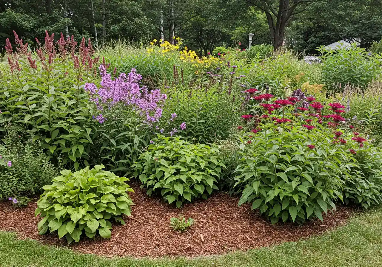 A vibrant photograph showcasing a beautifully established residential rain garden in mid-summer. The image should depict a shallow, mulched depression filled with a variety of thriving native plants of different heights and textures (e.g., flowering perennials like Bee Balm or Joe Pye Weed, ornamental grasses). Bright sunlight illuminating the scene, perhaps include pollinators like bees or butterflies on the flowers to highlight the ecological benefits.