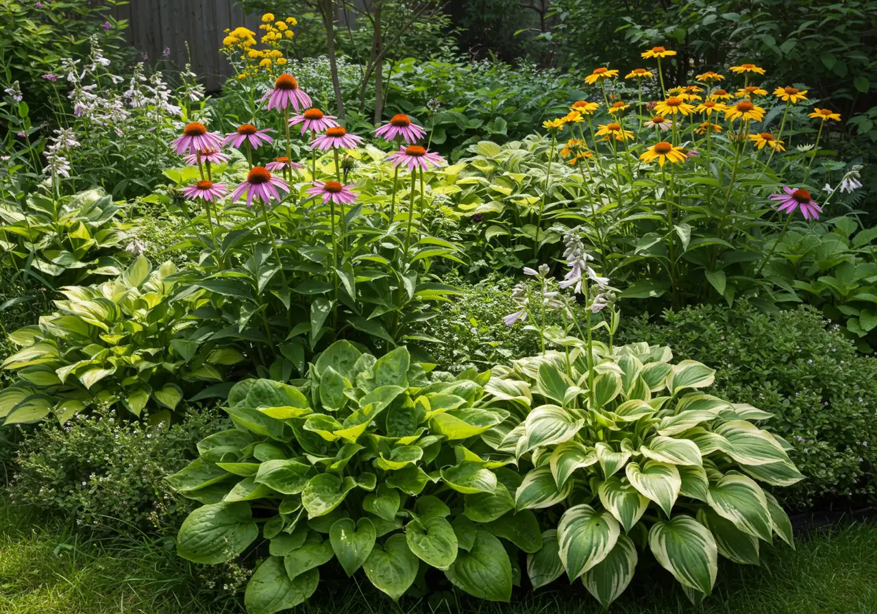A vibrant photograph showcasing a cluster of hardy perennials suitable for the Ottawa climate in a spring garden setting. Could feature blooming Coneflowers (Echinacea) or lush Hostas with varied leaf patterns thriving in their appropriate sun/shade condition. The focus is on the healthy plants, showing their colours and textures against the backdrop of a well-maintained garden bed.