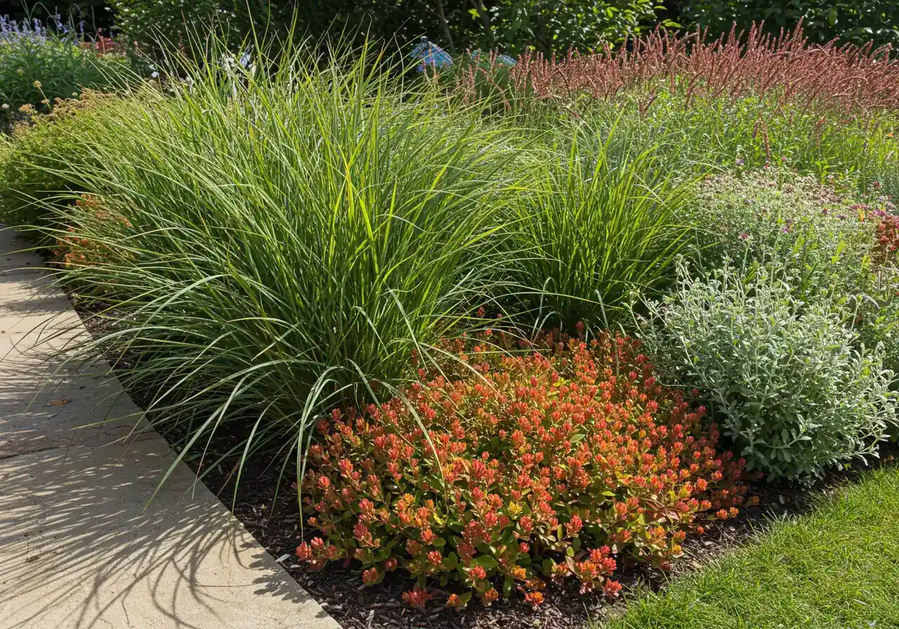 A visually appealing photograph showcasing a selection of healthy, thriving salt-tolerant plants mentioned in the article. For example, a cluster of Feather Reed Grass ('Karl Foerster') or Sedum 'Autumn Joy' growing robustly in a garden bed, perhaps near a paver pathway to subtly imply a potentially challenging location. The focus should be on the vibrant foliage, texture, and overall health of the plants.