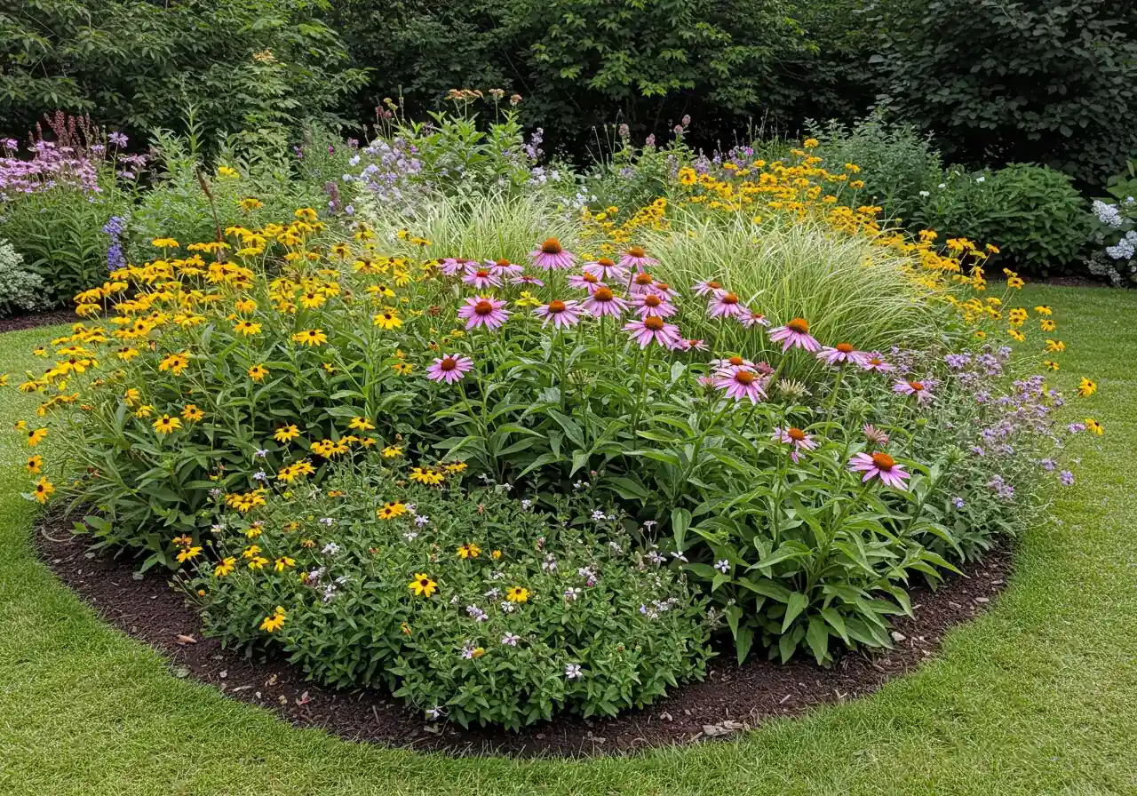 A vibrant, sun-drenched garden scene showcasing a variety of thriving drought-tolerant plants suitable for the Ottawa climate. Include textures and colours from plants like purple Coneflowers (Echinacea), yellow Black-Eyed Susans (Rudbeckia), and silvery-green ornamental grasses. The plants look established, healthy, and full, demonstrating resilience in sunny conditions. No visible irrigation.