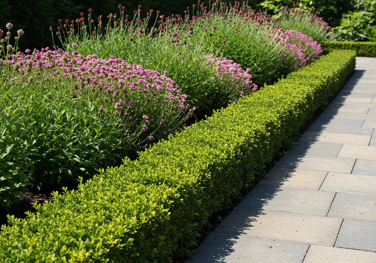 A photograph illustrating the 'Layer Up' or 'Border Patrol' concept. Show a garden bed edge with a dense row of deer-resistant Boxwood shrubs or strongly scented Lavender plants in the foreground, with perhaps taller, more vulnerable plants visible further back in the bed. This visually explains the strategy of using resistant plants as a barrier.