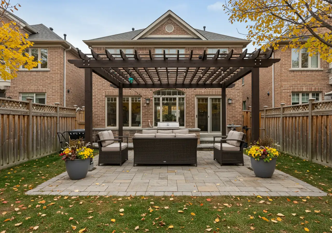 A wider shot showing the back of an attractive Barrhaven-style home (e.g., brick and siding) where a stylish, well-proportioned pergola is seamlessly integrated with the house architecture, extending over a patio area. The landscaping around the patio and pergola is neat and enhances the overall look. The image should convey how the pergola adds a desirable outdoor living space and increases the property's visual appeal. Shot during the day in fall, with good lighting. No people visible.