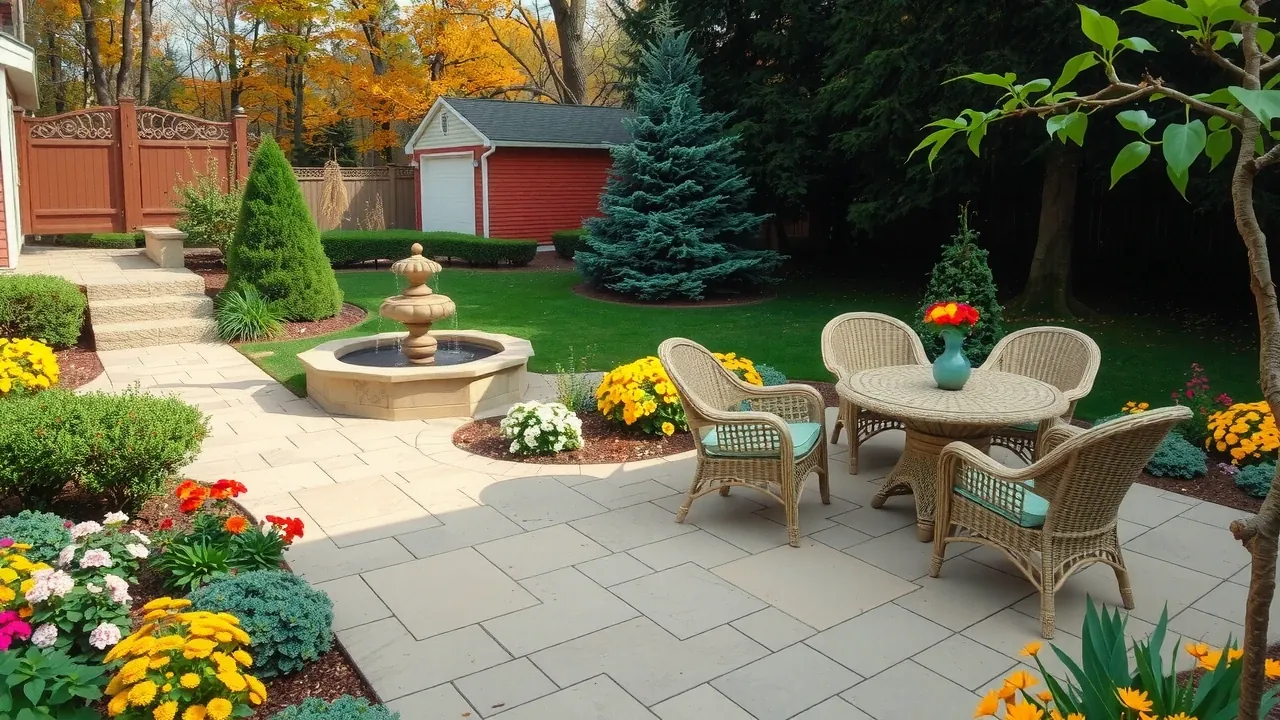 A wide, inviting backyard garden scene in Manotick, showcasing a blend of elements. A curved flagstone pathway leads through lush, colorful flowerbeds filled with a variety of blooms (purples, yellows, pinks). A small, elegant stone water fountain is partially visible amongst the flowers. In the midground, a comfortable seating area with natural-toned wicker furniture is arranged on a patio of mixed stone pavers. Mature trees partially frame the scene, their leaves hinting at early autumn colors. The overall impression is peaceful, welcoming, and well-maintained, with a natural, slightly informal style.