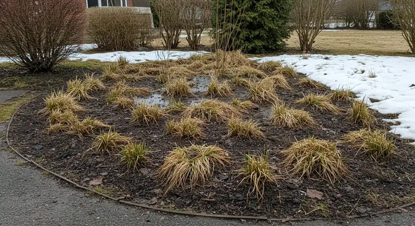 A wide shot of a residential rain garden in early spring. Patches of snow might still be melting at the edges, the soil looks damp, and dormant perennial plants (like grasses or stalks) are visible within the shallow, basin-shaped garden bed. The garden should look naturalistic and integrated into a yard landscape, possibly showing where runoff might enter.