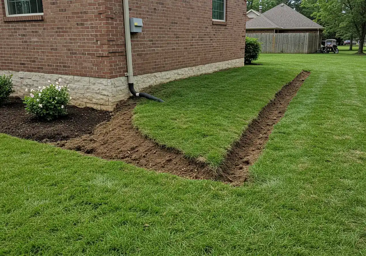 A wide-angle shot demonstrating proper site grading next to a house foundation. The image should clearly show the ground sloping gently and consistently away from the building's base. The area should look neat and intentional, covered with healthy grass or fresh topsoil prepared for seeding.