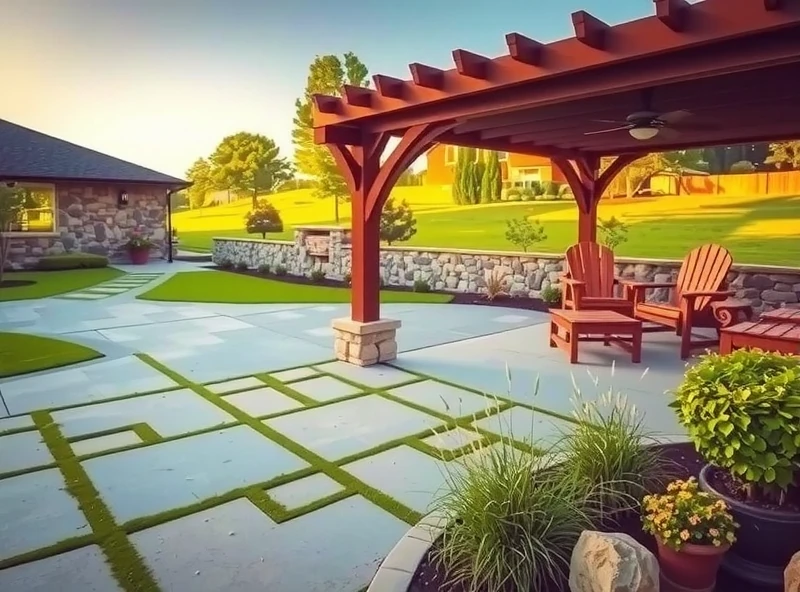 A beautifully designed backyard patio scene featuring a combination of hardscaping materials. The main patio area is constructed from interlocking concrete pavers in a warm, earthy tone. A low retaining wall made of natural, stacked stones borders one side of the patio, creating a raised planting bed filled with ornamental grasses and flowering perennials. A curved walkway made of flagstone leads away from the patio, winding through a lush green lawn. In the background, a wooden pergola provides partial shade over a portion of the patio. The scene is bathed in the soft, warm light of late afternoon.