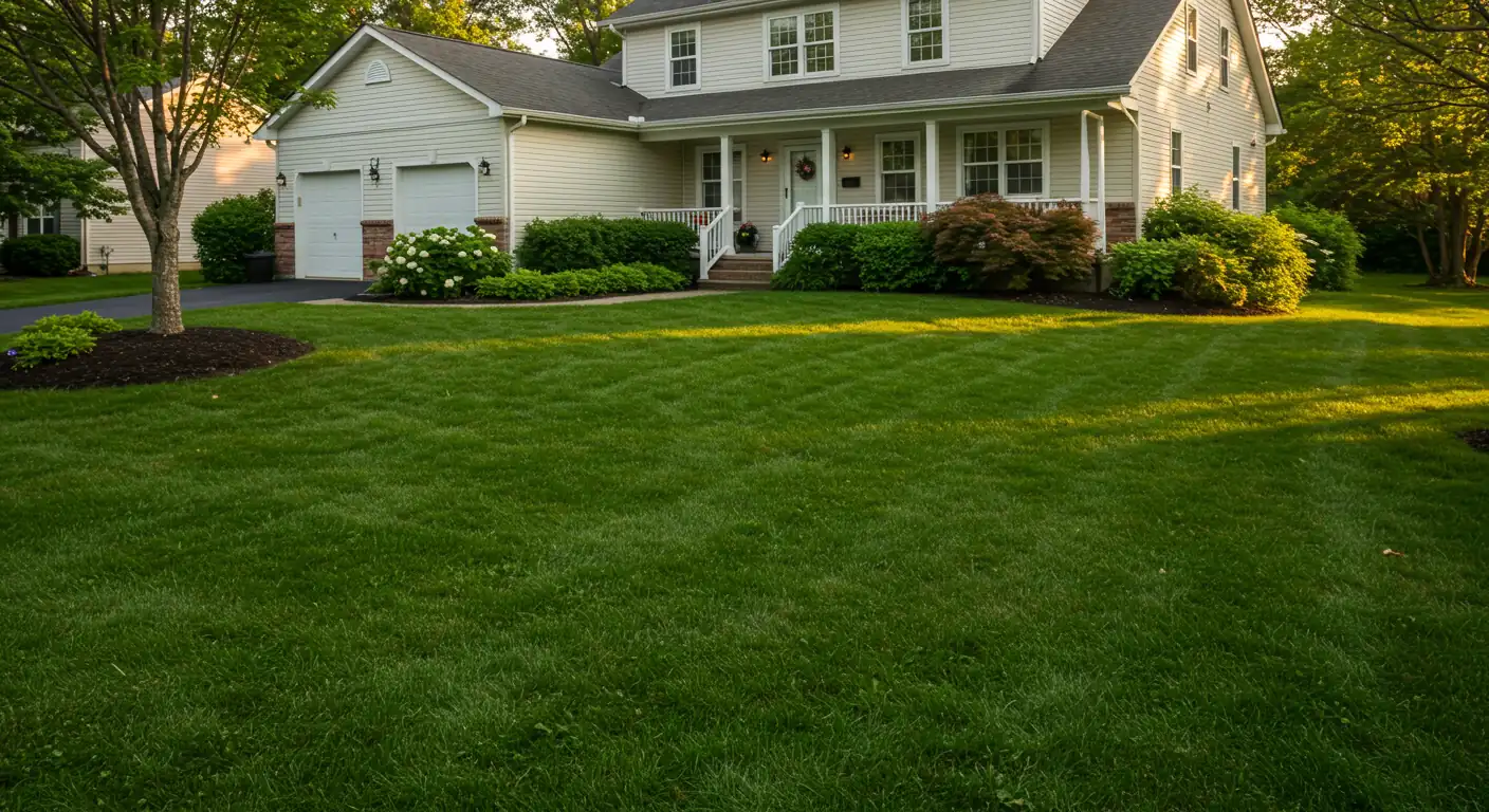 A wide shot of a beautifully manicured, lush green lawn in front of a well-maintained home in a suburban setting. The grass is a vibrant, healthy green, with no visible weeds or brown patches. The lawn edges are crisp and clean. The home in the background is attractive but not the primary focus; the emphasis is on the impeccable lawn. The overall impression is one of health, vitality, and professional care. The lighting should suggest either early morning or late afternoon, with soft, warm light.
