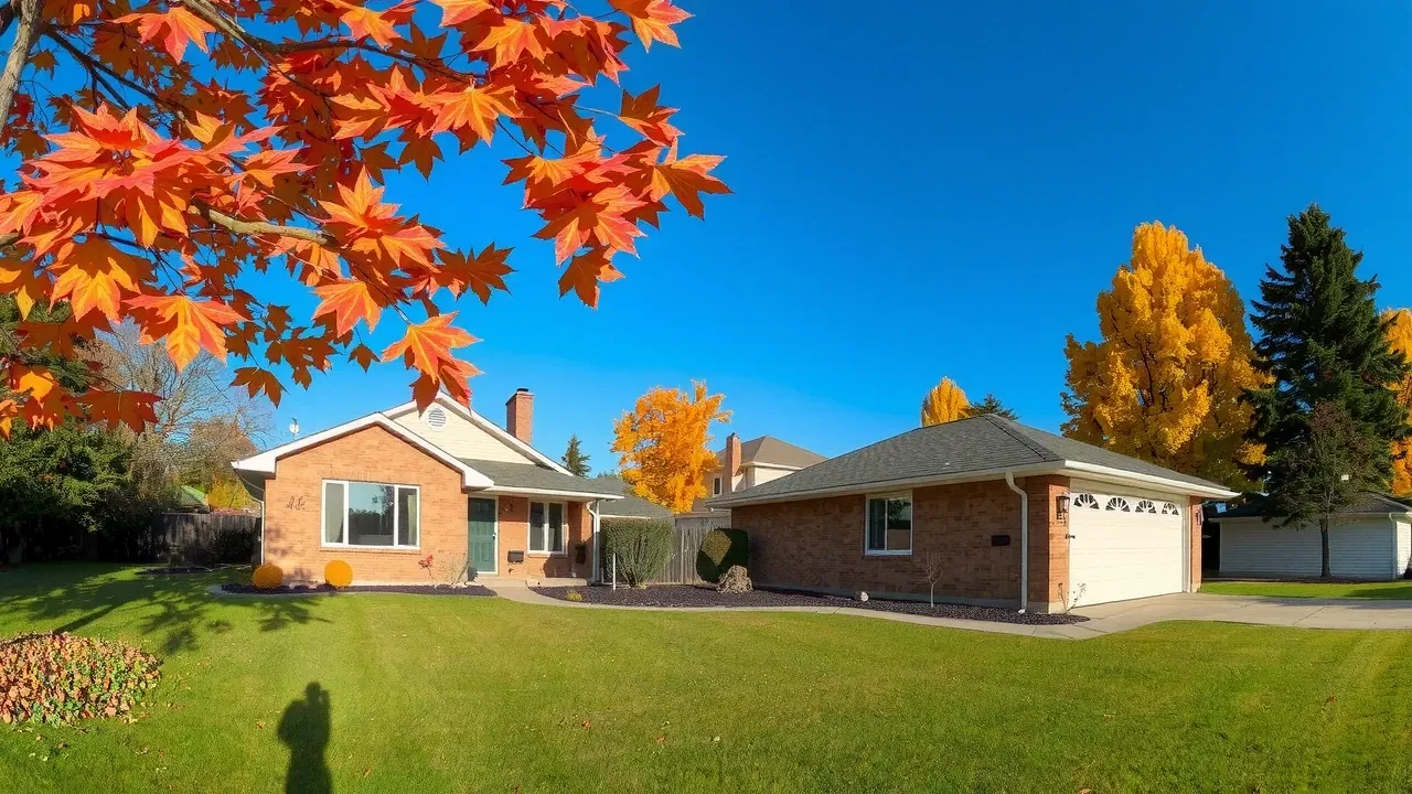 A wide shot of a beautiful suburban home in the Ottawa area (Metcalfe, specifically) during autumn. The lawn is partially covered with colorful fallen leaves (reds, oranges, yellows). The house should look well-maintained, but the leaves should be noticeably present, illustrating the need for cleanup. The sky is a clear, crisp autumn blue. No visible people or close-ups of faces. Focus is on the yard and the overall autumn aesthetic.
