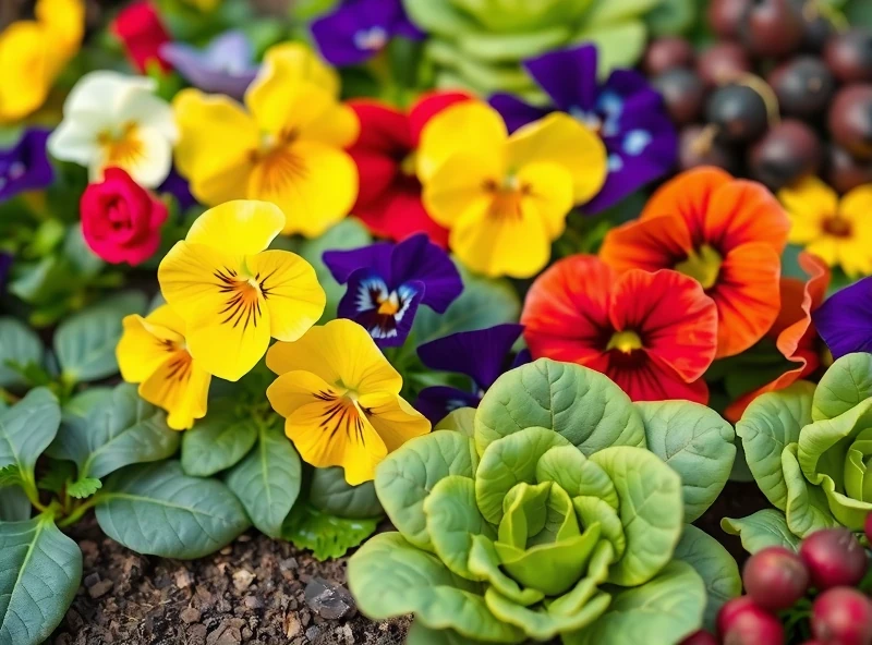 A vibrant and colorful display of various cold-hardy flowers and vegetables that are suitable for spring planting in Ottawa. Include pansies, violas, lettuce, spinach, and radishes. The plants should be arranged in an aesthetically pleasing way, showcasing their different colors and textures. The image should convey a sense of abundance and the promise of a flourishing spring garden.