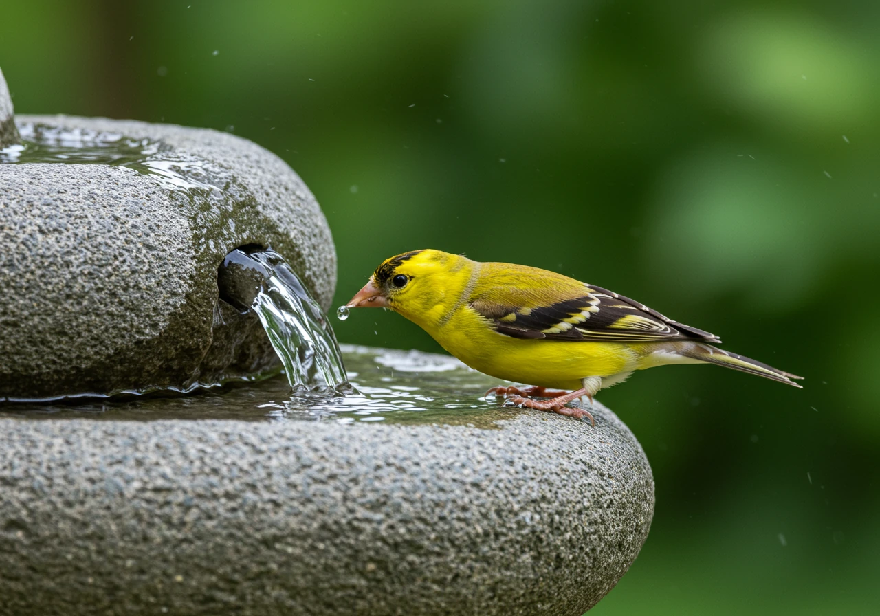 A close-up image capturing a small, colourful songbird (like a goldfinch or chickadee) perched on the edge of a simple, stone bubbling rock water feature. The bird is taking a drink or dipping its beak in the gently bubbling water. The background shows softly blurred green garden foliage, emphasizing the natural setting and the feature attracting wildlife.