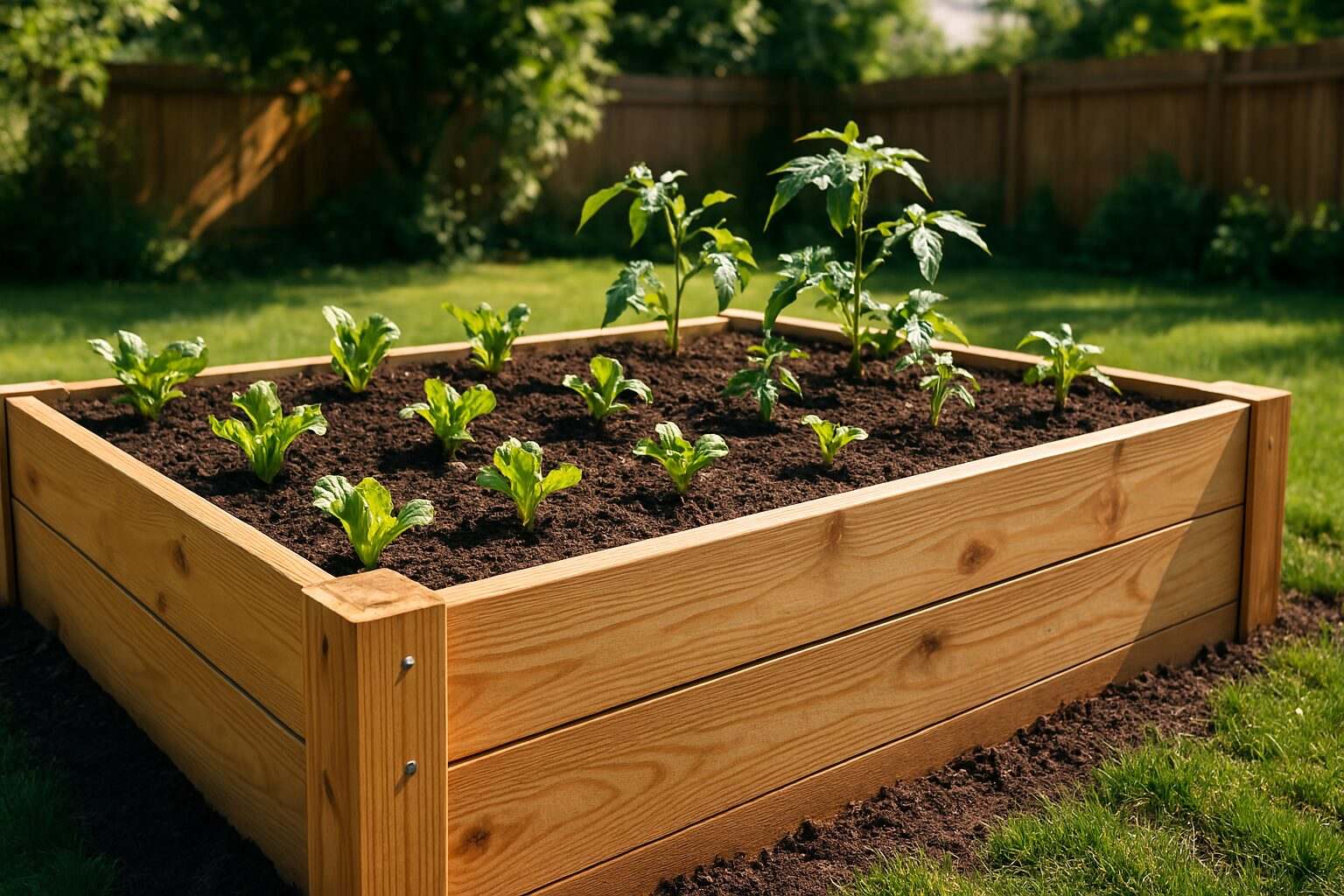Raised garden bed built sturdily and filled with soil