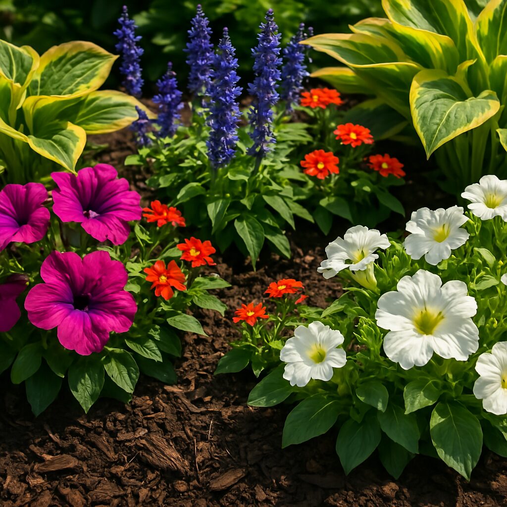 Newly installed flower bed with vibrant pink and purple flowers