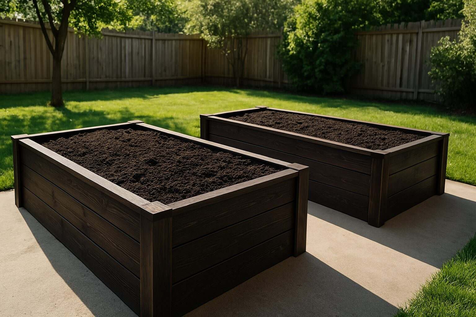 Well-built wooden raised garden bed filled with soil