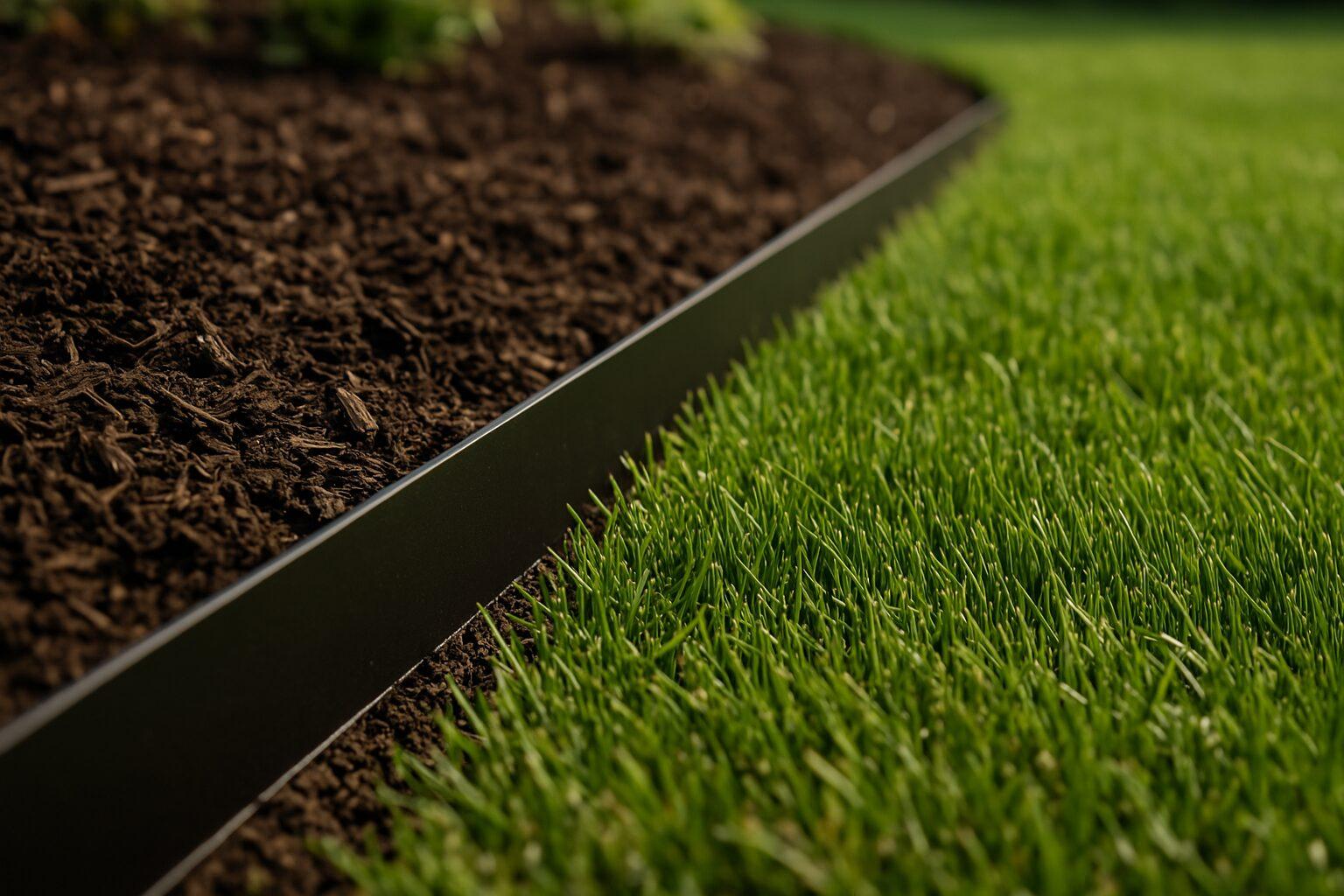 Close up of clean metal edging separating lawn and garden bed