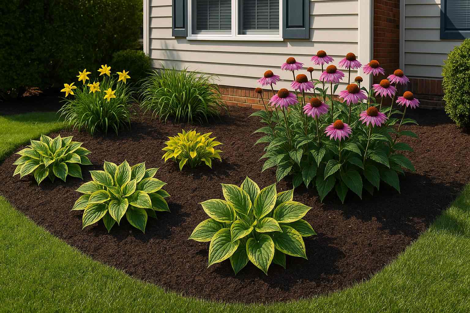Front yard perennial bed installed with clean edges and mulch